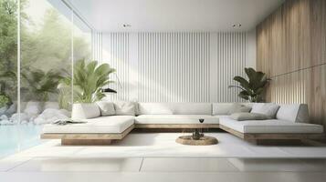 un futurista blanco mínimo interior de un vivo habitación, lujoso interior, extra grande sofá diseño, tropical plantas, ver con vista a el natural paisaje, y moderno nadando piscina, generar ai foto