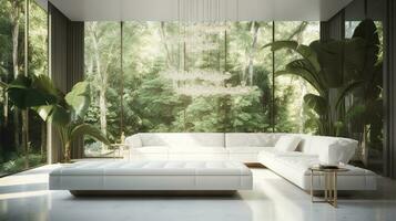 un futurista blanco mínimo interior de un vivo habitación, lujoso interior, extra grande sofá diseño, tropical plantas, ver con vista a el natural paisaje, y moderno nadando piscina, generar ai foto