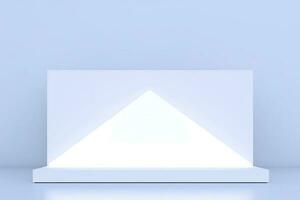 Realistic podium display with neon white lights, Product display background with light frame, White prodium product display with light effect, neon lights background, generate ai photo