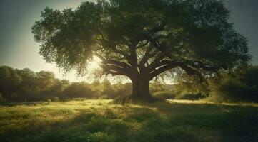 a large tree with bright sun rays, in the style of pastoral charm, dark green and light green, quietly poetic, combining natural and man made elements, generat ai photo