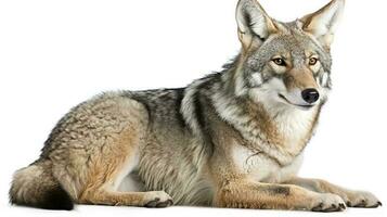 A lone coyote Canis latrans isolated on white background w in the winter snow in Canada, generate ai photo