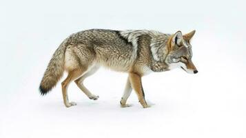 A lone coyote Canis latrans isolated on white background walking and hunting in the winter snow in Canada, generate ai photo