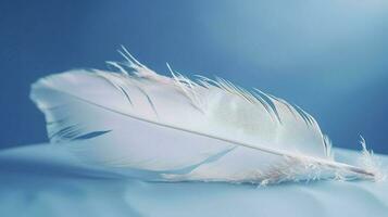 a bright blue background with one white feather, in the style of soft and dreamy pastels, glimmering light effects, nature inspired imagery, fairycore, soft focal points, generate ai photo