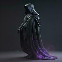 A dark and powerful being from the edge of the cosmos, its body is made of ashen mist and purple chaos, it wears an iridescent cloak that is reminicent of a nebula, generate ai photo