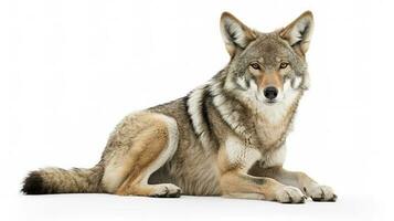 A lone coyote Canis latrans isolated on white background w in the winter snow in Canada, generate ai photo