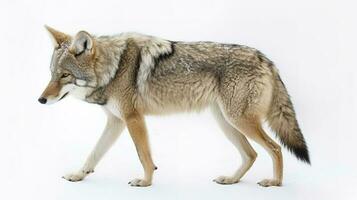 A lone coyote Canis latrans isolated on white background walking and hunting in the winter snow in Canada, generate ai photo