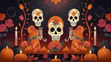 día de el muerto calaveras dia Delaware los muertos. día de el muerto y mexicano Víspera de Todos los Santos antecedentes. mexicano tradicion festival. día de el muerto azúcar cráneo. dia Delaware los muertos, generar ai foto