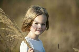 hermosa pequeño niña en un prado con un ramo de flores de hierbas. foto