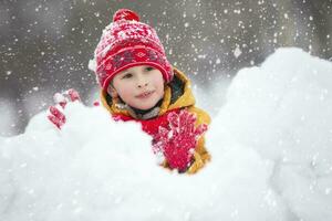 Child in winter. A happy boy in bright clothes plays in the snow. photo