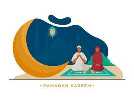 dibujos animados musulmán Pareja haciendo oración antes de comida con creciente Luna y colgando linterna en resumen silueta mezquita antecedentes para Ramadán kareem celebracion. vector