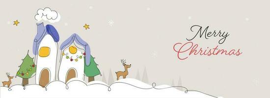 Merry Christmas Banner Or Header Design With Doodle Style Two Home, Reindeer And Xmas Tree On Beige Background. vector