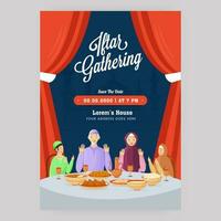 Iftar Gathering Flyer Or Template Design With Muslim Family Praying Before Food And Venue Details. vector