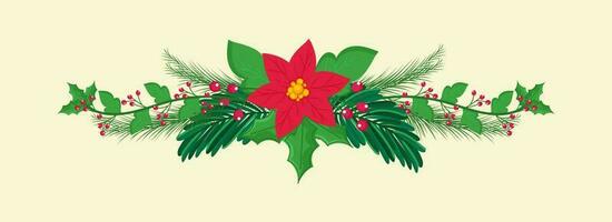 Poinsettia Flower With Green Leaves, Holly Berries Branches On Pastel Yellow Background. Banner Or Header Design. vector