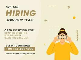 We Are Hiring Join Our Team Poster Design With Woman Searching Through Binocular On Beige Background. vector