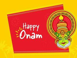 contento onam celebracion concepto con Kathakali bailarín cara en rojo y amarillo antecedentes. vector