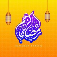 Arabic Calligraphy Of Ramadan Kareem With Hanging Lanterns On Orange Islamic Pattern Background. vector