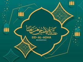 Eid al-Adha Mubarak caligrafía con papel linternas colgar y estrellado islámico modelo en verde antecedentes. vector