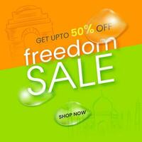 Freedom Sale Poster Design With Discount Offer, Water Drops On Saffron And Green Background. vector