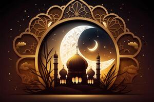 Ramadán kareem mezquita islámico saludos hermosa noche y Luna diseño antecedentes y ilustración. ai generado foto