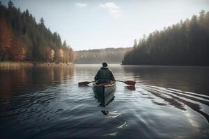 Rear view of kayaker man paddle kayak at sunset sea. Kayaking, canoeing, paddling. . photo