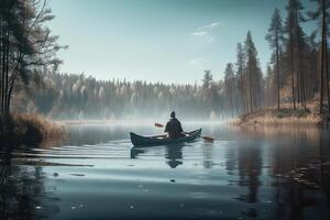 Rear view of kayaker man paddle kayak at sunset sea. Kayaking, canoeing, paddling. . photo