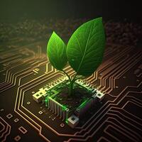 creciente árbol en el convergente punto de un ordenador circuito tablero. naturaleza con digital convergencia y tecnológico convergencia. verde informática, verde tecnología, verde él, rsc, generativo ai foto