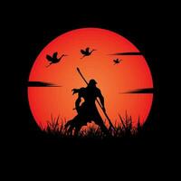 Samurai training at night on a full moon vector