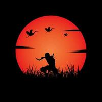 Ninja, Assassin, Samurai training at night on a full moon vector