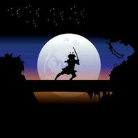 Ninja, Assassin, Samurai training at night on a full moon vector