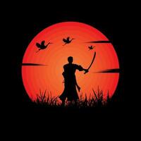 illustration vector graphic of Samurai training at night on a full moon. Perfect for wallpaper, poster, etc. Illustration vector style, Colorful view background, One Piece, Roronoa Zoro