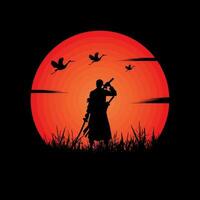 illustration vector graphic of Samurai training at night on a full moon. Perfect for wallpaper, poster, etc. Illustration vector style, Colorful view background, One Piece, Roronoa Zoro