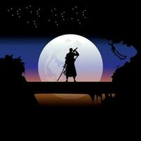 illustration vector graphic of Samurai training at night on a full moon. Perfect for wallpaper, poster, etc. Illustration vector style, Colorful view background, One Piece, Roronoa Zoro