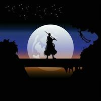 illustration vector graphic of Samurai training at night on a full moon. Perfect for wallpaper, poster, etc. Landscape wallpaper, Illustration vector style, Colorful view background, One Piece