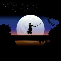 ilustración vector gráfico de samurai formación a noche en un lleno Luna. Perfecto para fondo de pantalla, póster, etc. paisaje fondo de pantalla, ilustración vector estilo, vistoso ver fondo, uno pedazo