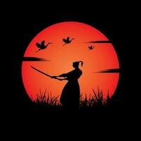 Samurai training at night on a full moon vector