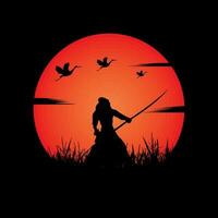 Samurai training at night on a full moon vector