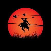 illustration vector graphic of Samurai training at night on a full moon. Perfect for wallpaper, poster, etc. Illustration vector style, Colorful view background, One Piece, Roronoa Zoro