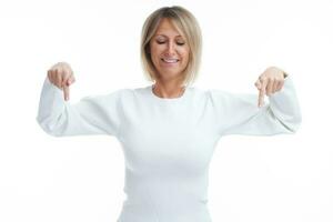 Picture of blonde woman isolated over white background showing empty space photo