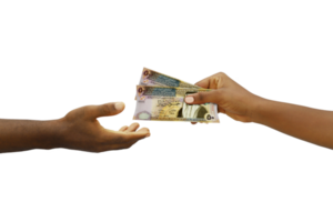 Hand giving 3D rendered 50 Jordanian dinar notes to another hand. Hand receiving money png