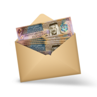 Jordanian dinar notes inside an open brown envelope. 3D illustration of money in an open envelope png
