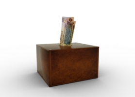 Jordanian dinar notes inside wooden savings box. Generic savings Bank, Penny Bank, Money Box. 3d rendering png