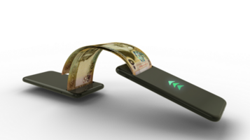 3D rendering of Jordanian dinar notes transferring from one phone to another. mobile money transaction concept. money coming out of mobile phone png