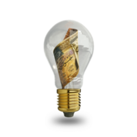 3d rendering of new Jordanian Dinar note inside transparent light bulb isolated on transparent background, creative thinking. Making money by solving problem. idea concept png