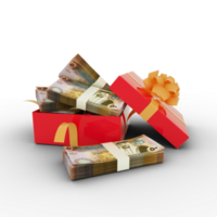 Stack of Jordanian dinar notes inside an open red gift box. Bundles of Jordanian dinar inside a gift box. 3d rendering of money inside box isolated on transparent background png
