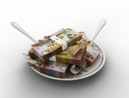 3D rendering of Kenyan shilling notes on plate. Money spent on food concept. Food expenses, expensive meal, spending money concept. eating money, misuse of money png