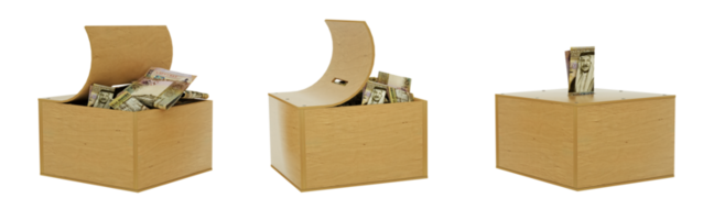 Jordanian dinar notes inside an open wooden savings box. set of savings concept. Generic Piggy Bank, Penny Bank, Money Box. 3d rendering png