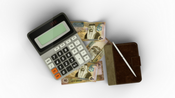 3D rendering of an isolated composition of Jordanian dinar notes, a calculator, a note book and a pen png