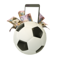 3d rendering of Jordanian Dinar notes and phone behind soccer ball. Sports betting, soccer betting concept isolated on transparent background. mockup png