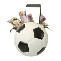 3d Rendern von jordanisch Dinar Anmerkungen und Telefon hinter Fußball Ball. Sport Wetten, Fußball Wetten Konzept isoliert auf transparent Hintergrund. Attrappe, Lehrmodell, Simulation png