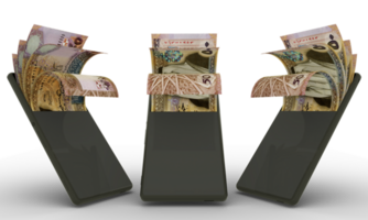 Jordanian dinar notes inside a mobile phone. money coming out of mobile phone. 3d rendering of set of mobile money transaction concept. money from Phone png